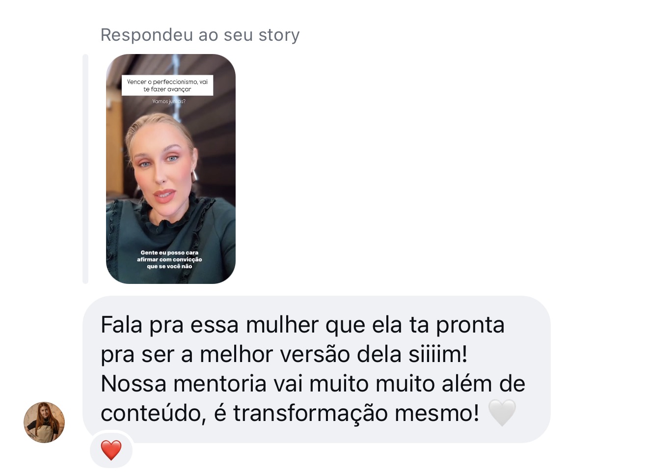 Mensagem de mentorada sobre a transformação vivida para além do conteúdo